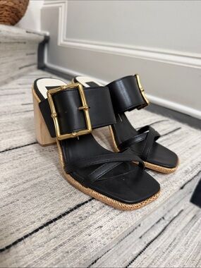 Black Leather Block Heel Mules with Gold Buckle